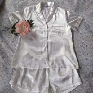Satin bride button-down pajama top and shorts set